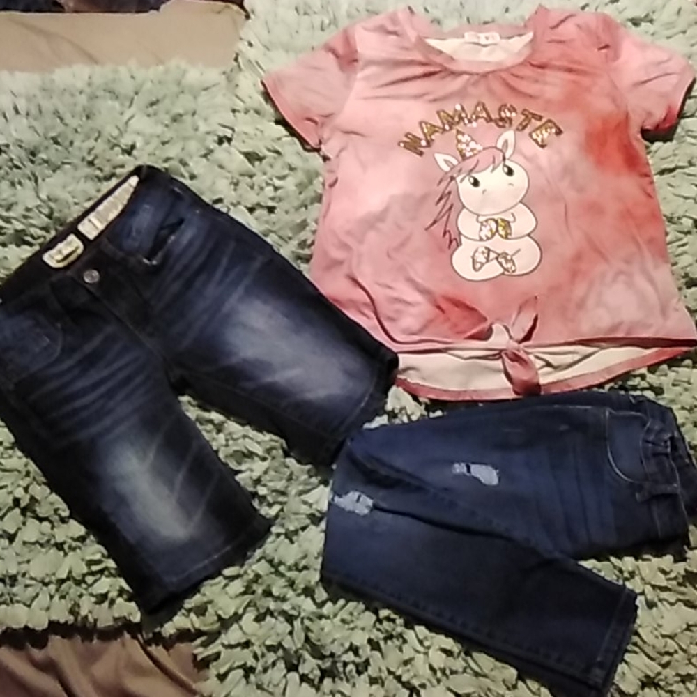 Bundle of a pair of jeans,blouse and denim shorts.